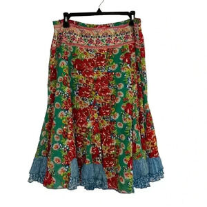 Mystery Skirt Women’s Floral Patchwork Peasant Ruffled Lined Flare Zip Side Lrg.